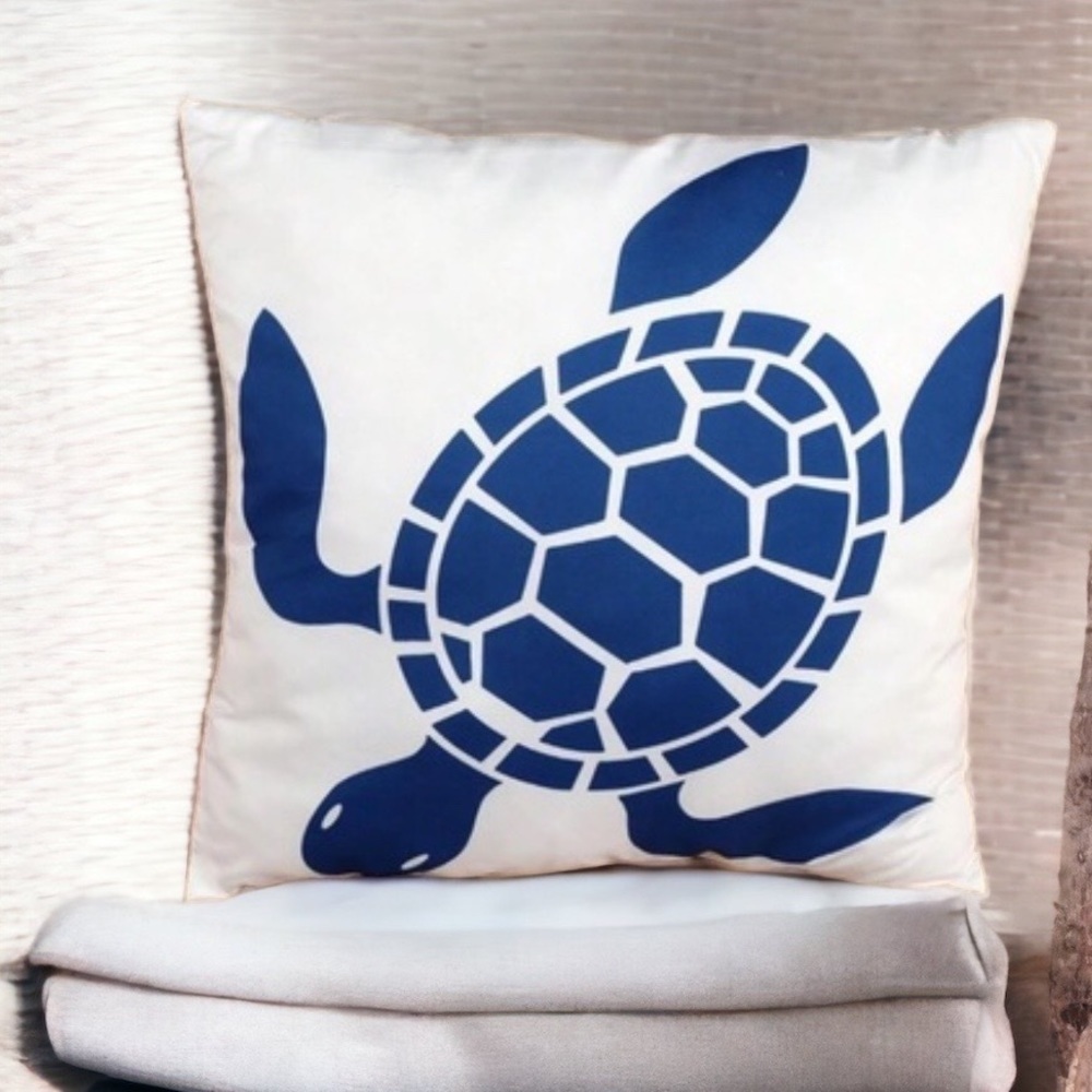 Coastal Pillow Cover Sea Turtle Nautical Graphic Beach 17.75” Square Blue White - Picture 10 of 16